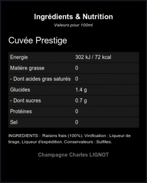 Brut Prestige - Ingrdients et Nutrition 